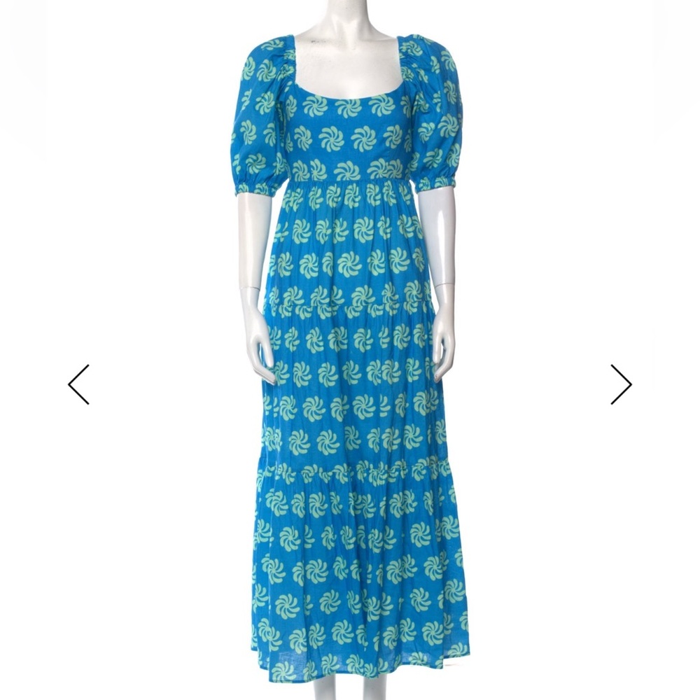 KITRI Blue Gianna Linen Floral Geo Print Puff Sleeve Bow Tie Back Maxi Dress 6 M